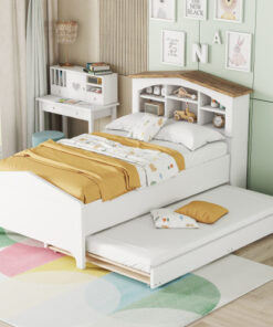 Twin Size Wood Platform Bed with House-shaped Storage Headboard and Trundle, White