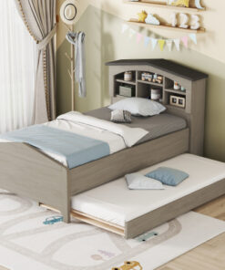 Twin Size Wood Platform Bed with House-shaped Storage Headboard and Trundle, Gray