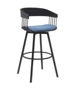 Vera 31 Inch Swivel Barstool Chair, Curved Back, Black, Light Blue Fabric