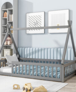 Twin Tent-shaped Floor Bed, Teepee Bed with Guardrails, Slats,Grey
