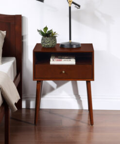 Wood Nightstand with 1 Drawer, Bedside Table with Open Storage Shelf and Solid Wood Legs, Bed Side Table for Bedroom, End Tables for Living Room,Small Side End Table with Storage, Dark Walnut