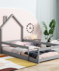 Twin Size Wood bed with House-shaped Headboard Floor bed with Fences,Grey