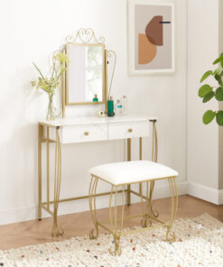 Vanity Mirror Table Set, Makeup Desk Vanity with Stool, Vintage Bedroom Vanity Lots Storage Dressing Table White for Women and Girls