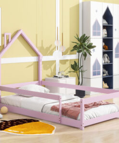 Twin Size Wood bed with House-shaped Headboard Floor bed with Fences,Pink