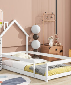 Twin Size Wood bed with House-shaped Headboard Floor bed with Fences,White