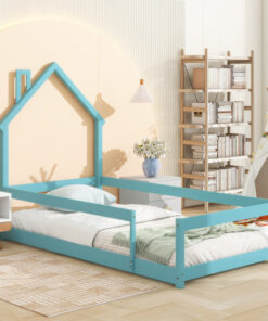 Twin Size Wood bed with House-shaped Headboard Floor bed with Fences,Light Blue