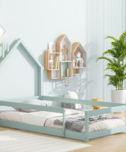 Twin Size Wood bed with House-shaped Headboard Floor bed with Fences,Light Green