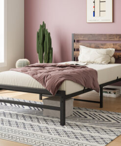 Twin Size Platform Bed Frame with Rustic Vintage Wood Headboard, Strong Metal Slats Support Mattress Foundation, No Box Spring Needed Rustic Brown