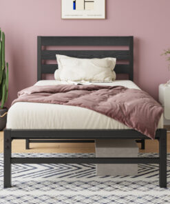Twin Size Platform Bed Frame with Rustic Vintage Wood Headboard, No Box Spring Needed Black