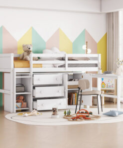 Twin Size Low Loft Bed With Pull-Out Desk, Drawers, Cabinet, and Shelves for White Color