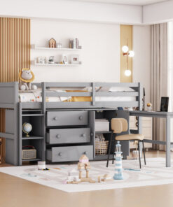 Twin Size Low Loft Bed With Pull-Out Desk, Drawers, Cabinet, and Shelves for Grey Color