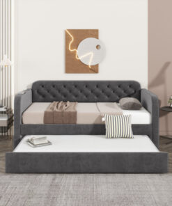 Twin Size Upholstered Daybed with Trundle and USB Charging Design, Velvet Upholstered Daybed Frame, Twin Sofa Bed for Living Room Bedroom, No Box Spring Needed,Plush velvet fabric dark grey 18#