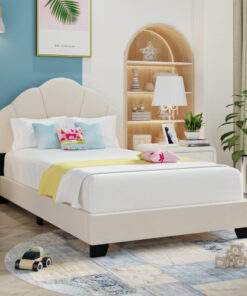 Upholstered Twin Size Platform Bed for Kids, Wooden Bed Frame with Slatted Bed Base, No Box Spring Needed, Cute Bed Frame with Shell Design Headboard for Girls Boys Teens, Beige