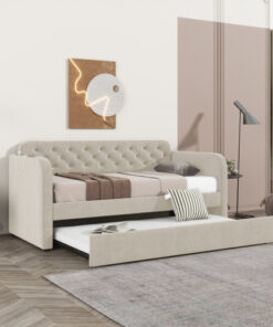 Twin Size Upholstered Daybed with Trundle and USB Charging Design, Velvet Upholstered Daybed Frame, Twin Sofa Bed for Living Room Bedroom, No Box Spring Needed,Plush velvet fabric LIGHT BEIGE 2#