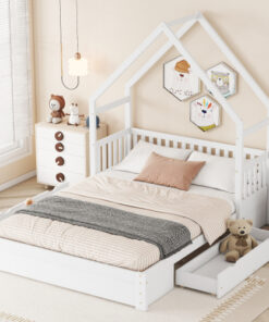 Wood Queen Size House Platform Bed with Guardrail and 2 Drawers, White
