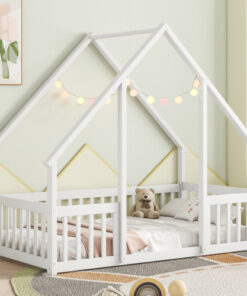Twin Wood House-Shaped Floor Bed with Fence, Guardrails ,White