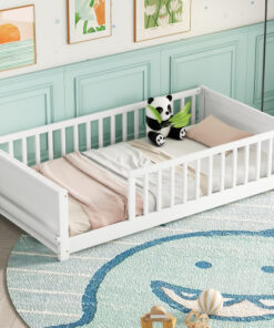 Twin size Floor Platform Bed with Built-in Book Storage Rack,White