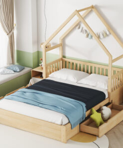 Wood Queen Size House Platform Bed with Guardrail and 2 Drawers, Natural
