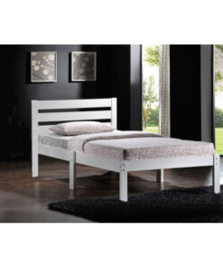 White Twin Bed with Wooden Slatted Headboard