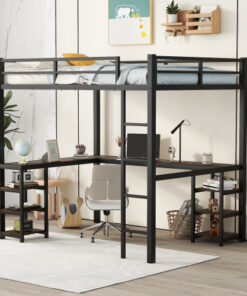 Full Metal Loft Bed with Desk and Shelves, Loft Bed with Ladder and Guardrails, Loft Bed Frame for Bedroom, Black with Vintage wood-colored desk