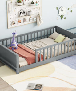 Twin size Floor Platform Bed with Built-in Book Storage Rack,Grey