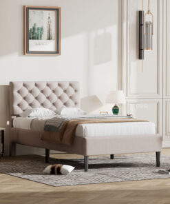 Upholstered Linen Platform Bed, Twin Size, Beige