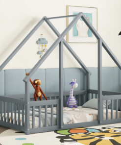 Twin Wood House-Shaped Floor Bed with Fence, Guardrails ,Grey
