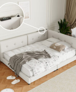 Upholstered Queen Size platform bed with USB Ports, Beige(Expected Arrival Time: 7.8)