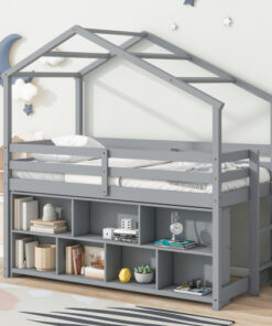 Twin House Loft Bed with Roof Frame, Under Bed Shelving Storage Unit, Guardrails, Ladder,Grey