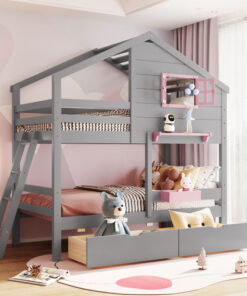 Twin over Twin Bunk Bed with 2 Drawers, 1 Storage Box, 1 Shelf, Window and Roof-Gray(OLD SKU:LT001608AAE)