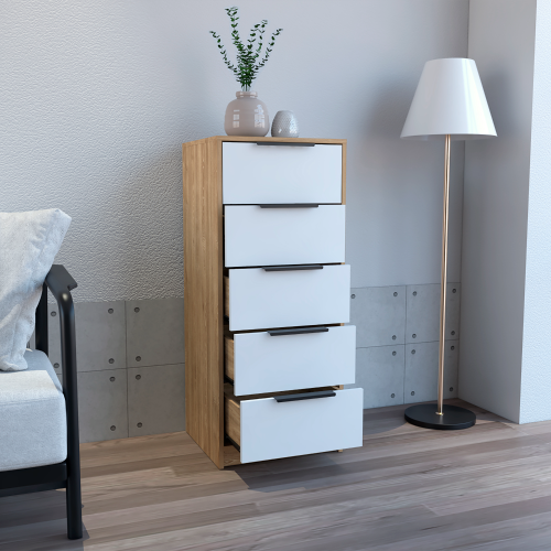 Dresser 42"H, 5 Drawer, Vertical Dresser, White / Light Oak - Image 9