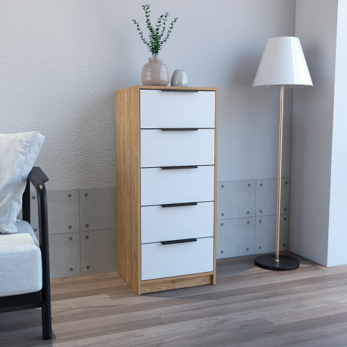 Dresser 42"H, 5 Drawer, Vertical Dresser, White / Light Oak
