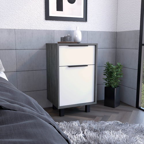 Nightstand 27" H, One Drawer, Storage with Door, Four Legs, Smokey Oak / White