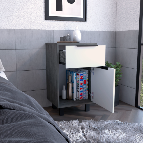 Nightstand 27" H, One Drawer, Storage with Door, Four Legs, Smokey Oak / White - Image 3