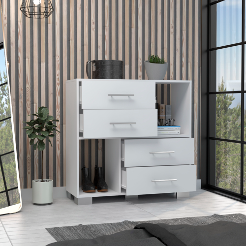 Dresser 35"H , Two Open Shelves, Four Drawers, Metal Handles, White - Image 3