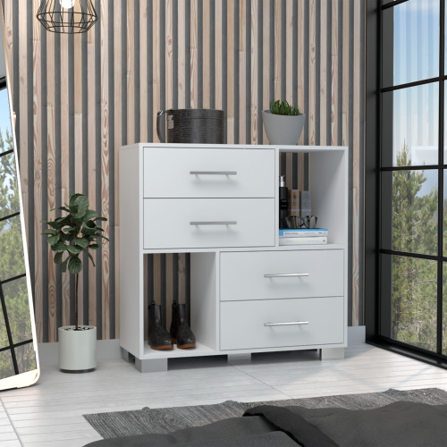 Dresser 35"H , Two Open Shelves, Four Drawers, Metal Handles, White