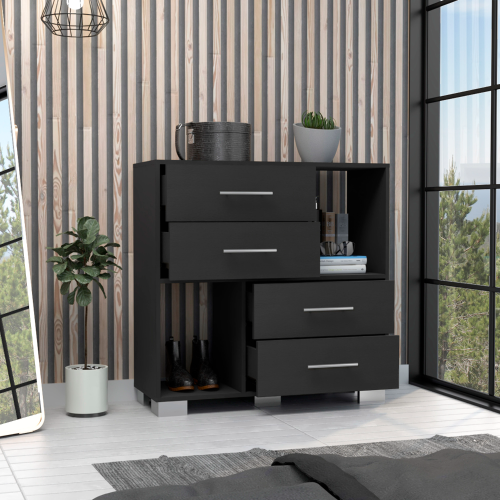 Dresser 35"H , Two Open Shelves, Four Drawers, Metal Handles, Black - Image 4