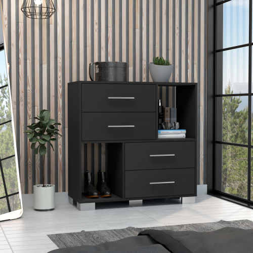 Dresser 35"H , Two Open Shelves, Four Drawers, Metal Handles, Black