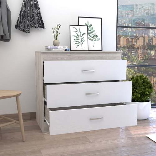 Dresser 29"H, Three Drawers, Metal Hardware, Superior Top, Light Gray / White - Image 3