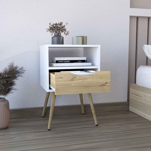Nightstand 25"H, Superior Top, Four Legs, One Open Shelf, One Drawer, White / Light Oak - Image 4