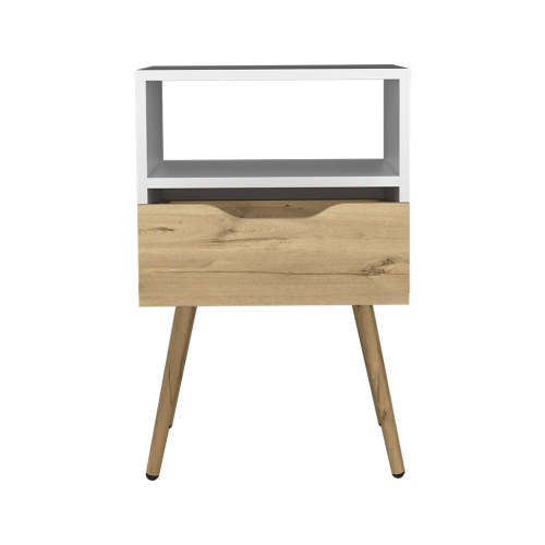 Nightstand 25"H, Superior Top, Four Legs, One Open Shelf, One Drawer, White / Light Oak - Image 8