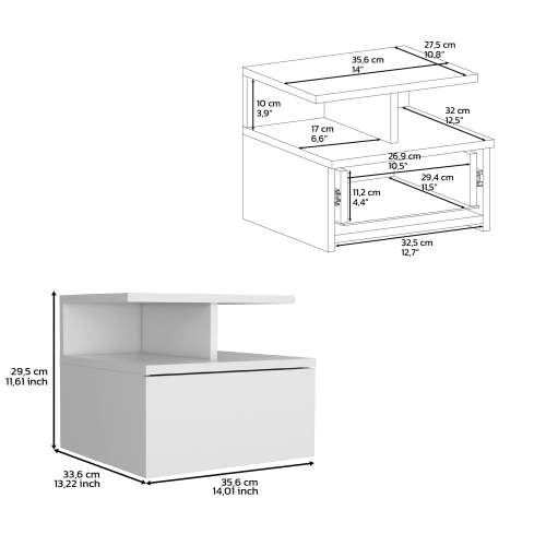 Floating Nightstand 12"H, Wall Mounted with Single Drawer and 2-Tier Shelf, White - Image 13