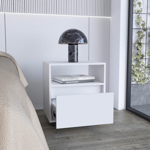 Nightstand 20"H, with One Open Shelf, 1 Drawer and Casters, White - Image 4