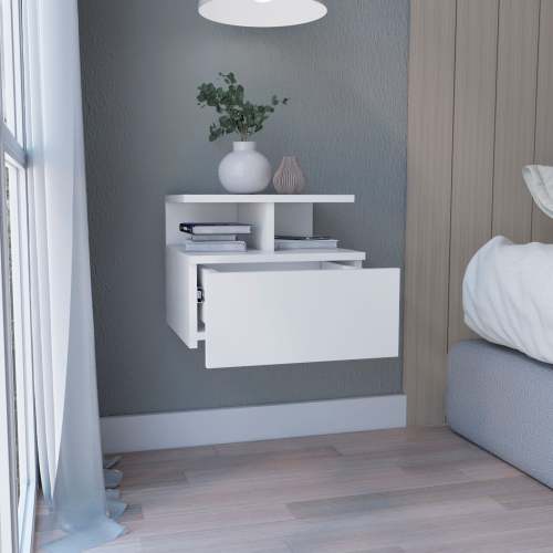 Floating Nightstand 12"H, Wall Mounted with Single Drawer and 2-Tier Shelf, White - Image 4
