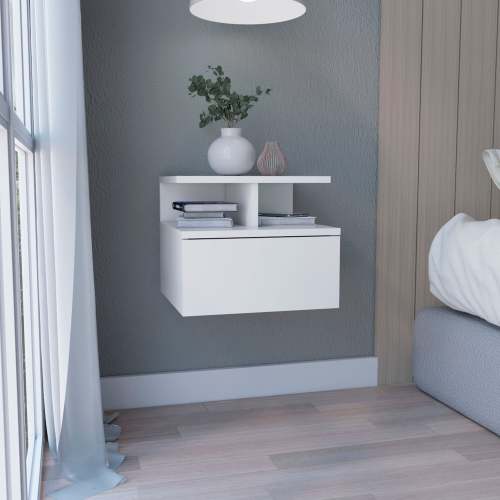 Floating Nightstand 12"H, Wall Mounted with Single Drawer and 2-Tier Shelf, White - Image 2