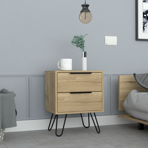 Nightstand 22" H, Four hairpin legs, Two Drawers, Light Oak - Image 2