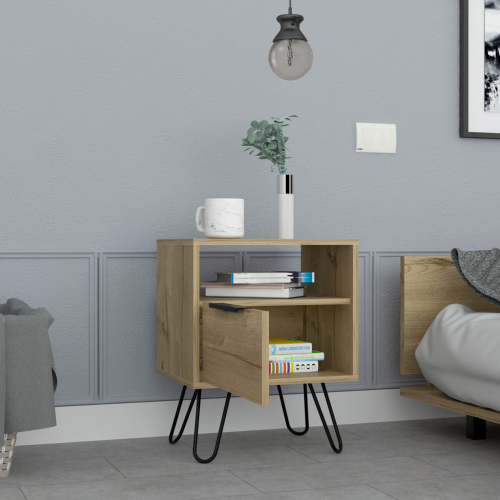 Nightstand 22"H, One Open Shelf, Single Door Cabient, Hairpin Legs, Light Oak - Image 3