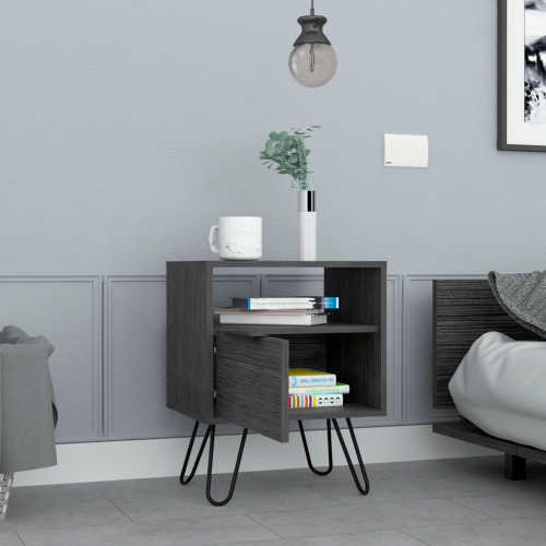 Nightstand 22"H, One Open Shelf, Single Door Cabient, Hairpin Legs, Smokey Oak - Image 3