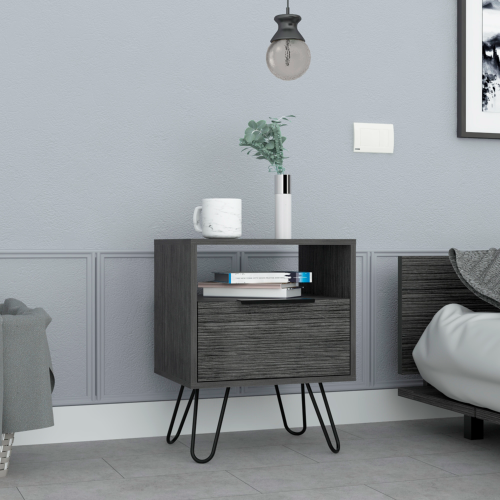 Nightstand 22"H, One Open Shelf, Single Door Cabient, Hairpin Legs, Smokey Oak