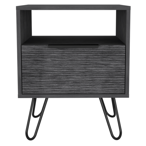 Nightstand 22"H, One Open Shelf, Single Door Cabient, Hairpin Legs, Smokey Oak - Image 6